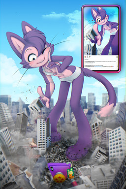 anthro blue_sky bra building cellphone cheeky city clothing cloud comments cutaway day debris destruction dragon_ball_(object) electronics female flicking fur leaning leaning_forward macro mouth_closed navel one_eye_closed oversized_object panties phone phone_charm photo purple_body purple_fur sky smartphone smile social_media solo stomping sunny tail text touching_cheek underwear whiskers white_bra white_clothing white_panties white_underwear wink angelickiddy dragon_ball popsocket jesse_(nanogotchi) avian bird felid feline mammal 2:3 absurd_res english_text hi_res