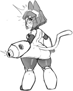 anthro arm_cannon clothed clothing female fur hair looking_at_viewer simple_background solo tail thick_thighs weapon_arm wide_hips astralc0de gameoverse glitch_productions kit_bodega domestic_cat felid feline felis mammal 2026 absurd_res digital_media_(artwork) hi_res monochrome