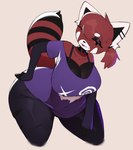 big_breasts big_butt bottomwear bra breasts butt clothed clothing female fully_clothed hand_on_hip pants shirt simple_background solo thick_thighs topwear underwear kkoart penny_(pikimono) mammal procyonid raccoon