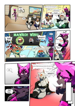 accessory angry anthro arm_warmers armwear big_breasts boots bottomwear breast_scar breasts clothing controller crop_top cross-popping_vein dialogue eye_scar facial_scar female footwear game_controller group hair headband huge_breasts insult laugh leg_warmers legwear male pink_hair pink_stripes profanity scar shirt shoes sitting stripes tail text thigh_highs tight_bottomwear tight_clothing topwear trio victory video_game_reference walk-in kururur444 kalia_(oboegollum) mawko_(oboegollum) remi_(oboegollum) canid canine canis domestic_dog felid feline lynx mammal pantherine tiger absurd_res comic english_text hi_res