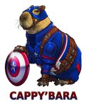 blue_clothing brown_body brown_fur caption claws clothing costume fur headgear headwear humor male pun red_clothing shield simple_background small_ears solo text text_on_clothing text_on_headwear white_background ghostfire marvel captain_america capybara caviid mammal rodent english_text