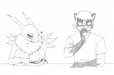 anthro beverage big_breasts blush breasts clothing dress drinking drunk duo female flirting heart_symbol male nipples simple_background substance_intoxication surprised white_background crovirus bandai_namco digimon canid canine digimon_(species) mammal procyonid raccoon renamon monochrome