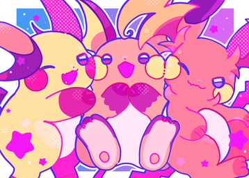 ambiguous_gender anthro fangs featureless_crotch fur group hug one_eye_closed open_mouth orange_body orange_fur pawpads paws simple_background star star_symbol tail teeth trio yellow_body soramameta nintendo pokemon pokemon_legends_z-a generation_1_pokemon generation_9_pokemon mega_evolution mega_raichu mega_raichu_x mega_raichu_y pokemon_(species) raichu 2025 hi_res