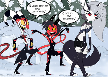 anthro breasts claws clothed clothing dialogue fangs female fluffy fluffy_tail fur grey_body grey_fur group grumpy horn male multicolored_body multicolored_fur open_mouth open_smile red_body smile speech_bubble tail teeth text tongue two_tone_body two_tone_fur white_body white_fur drawmeaponynamedbob hellaverse helluva_boss mythology blitzo_(helluva_boss) loona_(helluva_boss) millie_(helluva_boss) canid canid_demon canine demon hellhound humanoid imp mammal mythological_canine mythological_creature english_text hi_res