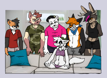 anthro butt clothed clothing furniture group hat headgear headwear male male/male nervous smug sofa hijackerdraws mythology piper_perri_surrounded alex_(theluvlesstoast) anton_barkowitz apollo_caelum bearvan hunter_(hhdrawer) marty_(mafty) alien bear canid canine cryptid dragon felid feline mammal mythological_creature mythological_scalie scalie digital_media_(artwork) draw_over meme