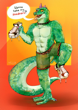 abs anthro bodily_fluids bottomwear brown_eyes clothed clothing collar digitigrade facial_piercing footwear forked_tongue green_bottomwear green_clothing green_shorts head_spikes holding_clothing holding_footwear holding_object male multicolored_claws muscular muscular_anthro muscular_male neck_piercing nose_piercing nose_ring offering_to_viewer open_mouth pecs piercing purple_spikes raised_foot removing_shoes ring_piercing saliva saliva_on_tongue sharp_teeth shoes shorts simple_background sneakers solo speech_bubble spikes spikes_(anatomy) tail talking_to_viewer teeth text tongue tongue_piercing topless topless_anthro topless_male undressing yellow_sclera nlija goat_(movie) sony_corporation sony_pictures modo_olachenko komodo_dragon lizard monitor_lizard reptile scalie 2026 digital_media_(artwork) english_text hi_res