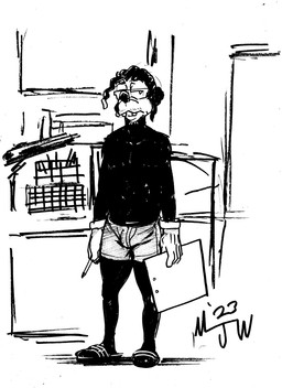 anthro biped bottomwear bulge clothed clothing dreadlocks eyewear facial_hair glasses gloves handwear kitchen looking_away male male_anthro pencil_(object) shorts simple_background solo topless topless_anthro topless_male white_clothing white_gloves white_handwear mjw_darkmode mjay_goofman_(mjw_darkmode) canid canine mammal 2023 absurd_res black_and_white hi_res monochrome signature sketch traditional_media_(artwork)
