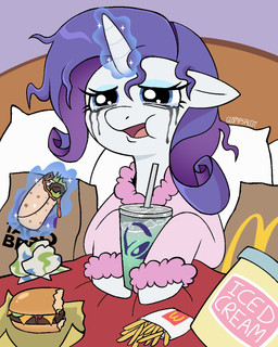 bathrobe bed bed_sheet bedding blue_eyes bodily_fluids burger burrito clothed clothed_feral clothing crying eyeshadow female feral food fries furniture hooves horn magic makeup on_bed open_mouth pillow robe running_makeup solo tears text tongue unicorn_horn glompsalot baja_blast friendship_is_magic hasbro mcdonald's mountain_dew my_little_pony mythology taco_bell rarity_(mlp) equid equine mammal mythological_creature mythological_equine unicorn 4:5 artist_name hi_res