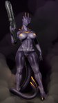 female genitals glowing glowing_eyes glowing_genitalia glowing_markings horn markings muscular solo thick_thighs weapon apulaz mythology phegi alien dragon humanoid mythological_creature mythological_scalie scalie 9:16 absurd_res hi_res