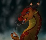 coal ear_piercing facial_piercing female feral fire horn multicolored_body nose_piercing piercing smoke solo tongue tongue_out apollyondragon mythology wings_of_fire peril_(wof) dragon mythological_creature mythological_scalie scalie 2023 digital_media_(artwork) half-length_portrait portrait signature