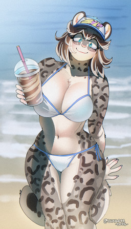 anthro big_breasts bikini blue_eyes blush breasts brown_hair clothing colored_nails female frappuccino fur grey_body grey_fur hair hat headgear headwear highlights_(coloring) markings nails slightly_chubby smile solo spots spotted_body spotted_fur swimwear two-piece_swimsuit white_body white_fur wide_hips luxar92 orio_(character) felid mammal pantherine snow_leopard hi_res