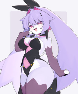 anthro blush breasts claws clothed clothed_anthro clothed_female clothing female fingers front_view fur hair looking_at_viewer navel open_mouth open_smile simple_background smile solo standing teeth tongue view devil-vox mara_(devil-vox) lagomorph leporid mammal rabbit hi_res