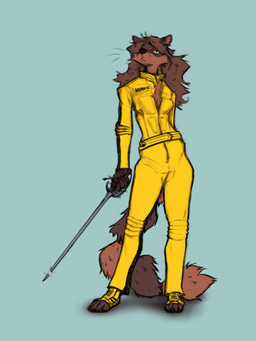 accessory anthro belt blue_background breasts brown_body brown_ears brown_hair brown_tail claws clothing facial_markings female footwear furgonomic_footwear furgonomics hair hand_behind_back head_markings holding_melee_weapon holding_object holding_weapon jumpsuit long_hair looking_forward markings mask_(marking) melee_weapon raccoon_tail rapier serious serious_face shoelaces shoes simple_background slim small_waist solo standing sword tail tail_accessory tailband tall two_tone_tail unzipped_bodysuit wavy_hair weapon yellow_belt yellow_clothing yellow_footwear yellow_outfit yellow_shoes phol kill_bill team_fortress_2 valve roquet mammal procyonid raccoon 2025 3:4 colored_sketch flat_colors hi_res sketch