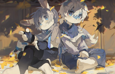 4_fingers 4_toes anthro autumn autumn_leaves bangs barefoot blue_body blue_bottomwear blue_clothing blue_ears blue_eyes blue_fur blue_jacket blue_pants blue_shorts blue_topwear bottomwear cheek_tuft circle_eyebrows clothing crop_top crop_top_overhang cropped_hoodie cropped_jacket dipstick_ears discarded_footwear duo ear_markings eyebrow_through_hair eyebrows facial_tuft falling_leaves feet fence fingerless_gloves fingers folded_ears foot_focus footwear fur gesture gloves grey_clothing grey_hair grey_jacket grey_topwear hair hand_gesture handwear jacket latex latex_clothing latex_legwear leaves_on_ground legwear long_ears looking_at_viewer male multicolored_body multicolored_ears multicolored_fur outside pants pattern_clothing pattern_jacket pattern_topwear pawpads pink_inner_ear pink_pawpads pockets ponytail rabbit_ears shadow shirt shoes_removed shorts sitting sitting_on_ground smile smiling_at_viewer smirk smirking_at_viewer socks stirrup_footwear stirrup_legwear straps streetwear striped_clothing striped_jacket striped_topwear stripes techwear toes topwear translucent translucent_hair tuft two_tone_body two_tone_fur white_body white_clothing white_ear_tips white_ears white_footwear white_fur white_hair white_paws white_socks yellow_ear_tips young young_anthro young_male moyansalt canid canine canis domestic_dog lagomorph leporid mammal rabbit hi_res