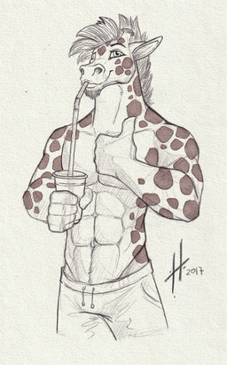 abs anthro beverage closed_smile clothed clothing drinking_straw facial_spots front_view gesture glistening glistening_eyes hand_gesture holding_beverage holding_object looking_at_viewer male male_anthro mouth_closed muscular muscular_anthro muscular_male pecs simple_background smile solo spotted_arms spotted_face standing thumbs_up topless hufnaar giraffe giraffid mammal 2017 dated hi_res monochrome portrait three-quarter_portrait