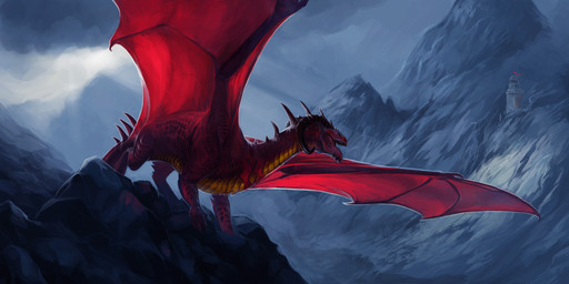 4_fingers amazing_background ambiguous_gender cloud countershading curled_horn detailed_background feral fingers fog green_eyes horn membrane_(anatomy) membranous_wings mountain no_pupils open_mouth outside red_body red_horn red_scales red_skin rock scales sky solo spines spread_wings standing sun tail tower wings yellow_body yellow_countershading yellow_scales allagar european_mythology mythology dragon mythological_creature mythological_scalie scalie western_dragon absurd_res detailed hi_res