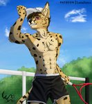 anthro athletic_wear bottomwear clothed clothing countershading hat headgear headwear looking_at_viewer male net outside plant shorts smile solo sport tennis tennis_net tennis_racket topless tree lunasimia sohan_(lunasimia) felid feline mammal serval hi_res