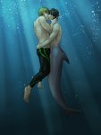 black_hair brown_hair dolphin_tail duo floating hair hand_on_face hug human_on_humanoid interspecies kiss_on_lips kissing male male/male mermaid_tail split_form underwater water peregr1ne free! haruka_nanase makoto_tachibana human humanoid mammal marine merfolk hi_res