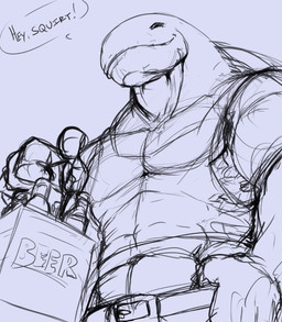 abs alcohol anthro beer beverage clothed clothed_male clothing dialogue looking_at_viewer male navel smile solo speech_bubble talking_to_viewer thumb_in_pants pandottermon aquatic cetacean mammal whale 2026 guide_lines hi_res sketch