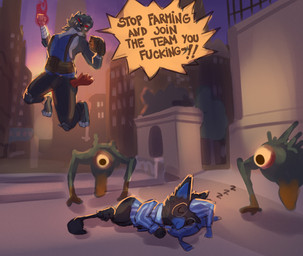 3_toes ambiguous_anthro ambiguous_gender angry anthro barefoot beak beak_closed big_ears biped black_body black_fur black_tail black_tail_tuft blue_beak blue_clothing blue_hat blue_headwear blue_inner_ear blue_pajamas blue_topwear bottomless bottomless_ambiguous bottomless_anthro bottomwear clothed clothed_ambiguous clothed_anthro clothing dialogue eyes_closed eyewear feet fighting_pose fur glasses glowing_hand grey_body grey_fur group hat head_on_pillow headgear headwear hindpaw humor jumping larger_male lying male mouth_closed nightcap on_ground on_pillow on_side pajamas pants pattern_clothing pattern_hat pattern_headgear pattern_headwear pattern_pajamas pattern_topwear paws pillow pose profanity red_eyes semi-anthro size_difference sleeping sleepwear smaller_ambiguous smile sound_effects speech_bubble striped_clothing striped_hat striped_headgear striped_headwear striped_pajamas striped_topwear stripes tail tail_tuft text toes topwear tuft vowelless vowelless_sound_effect wearing_glasses yelling zzz omalakai deadlock_(game) mythology valve circe_(pankallisti) jacob_lash malakai_(malakai) rem_(deadlock) avian canid canine canis chimera dream_creature gryphon mammal mythological_avian mythological_creature wolf 2026 digital_media_(artwork) digital_painting_(artwork) english_text hi_res painting_(artwork)