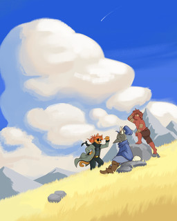 anthro armor bandage bandaged_arm clothing coat detailed_background eyewear glasses grass_field group headgear helmet landscape male mountain on_rock rock round_glasses shooting_star sitting sitting_on_rock sky skyscape topwear torn_clothing trio wind cheetoeater conditional_dnp diomedes_calico_(cheetoeater) dionysus_(cheetoeater) canid canine canis demon felid feline humanoid mammal wolf 4:5 absurd_res hi_res