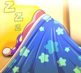 bed bedding blanket blue_blanket clothing copy_ability facing_away_from_viewer furniture hat headgear headwear male motion_lines nightcap not_furry sleeping solo sound_effects under_covers vowelless vowelless_sound_effect zzz tepigfan101 kirby_(series) nintendo kirby alien waddling_head 2025 absurd_res digital_media_(artwork) hi_res