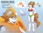 anthro bikini breasts brown_hair cheese cheese_costume clothing costume dairy_products female food food_costume fur green_eyes hair ring simple_background solo standing swimwear text two-piece_swimsuit white_body white_fur theglitchberserker martha_minkowitz mammal mink mustelid musteline true_musteline 4:3 english_text hi_res model_sheet