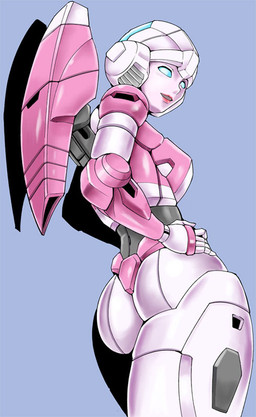 blue_eyes breasts butt female glowing glowing_eyes lips looking_at_viewer looking_back machine not_furry pink_lips simple_background solo standing thick_thighs kamizono_(spookyhouse) hasbro takara_tomy transformers arcee cybertronian humanoid robot robot_humanoid 2016
