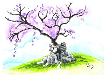 anthro black_hair clothed clothing duo eyes_closed fur grass grey_body grey_fur hair logo looking_up male male_anthro open_mouth open_smile outside plant sitting smile tree white_body white_fur white_hair young young_anthro young_male pandapaco domestic_cat felid feline felis mammal artist_logo signature