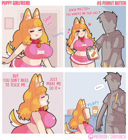 big_breasts blonde_hair bottomwear bread breasts cleavage clothed clothing collar dialogue duo eyelashes eyes_closed faceless_character faceless_human faceless_male female food hair heart_eyes heart_symbol holding_knife holding_object huge_breasts knife male master midriff miniskirt navel open_mouth peanut_butter pink_body pink_skin raised_tail red_collar skirt standing sweater tail text tongue tongue_out topwear onigiri_punch animal_humanoid canid canid_humanoid canine canine_humanoid dog_humanoid human humanoid mammal mammal_humanoid absurd_res comic english_text hi_res