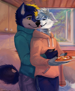 anthro black_nose blonde_hair blue_body blue_clothing blue_fur blue_hair blue_hands blue_tail claws clothing duo ears_up electronics eyebrows eyes_closed face_lick fangs food fur grey_hands hair holding_food holding_object holding_pizza hoodie kitchen licking light male male/male open_window orange_clothing orange_hoodie orange_topwear phone pizza plant romantic standing sunlight tail teeth tongue topwear tree white_body white_fur white_tail yellow_sclera kinsheph canid canine canis domestic_dog husky mammal nordic_sled_dog spitz hi_res