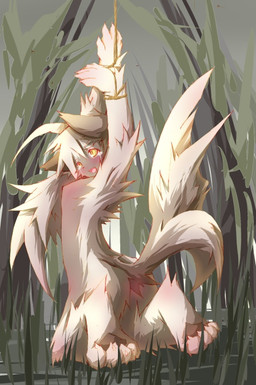 anthro arms_above_head blush bodily_fluids bound butt claws crying female nude solo submissive submissive_female tail tears kolshica canid canine canis mammal wolf source_request