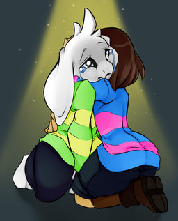 anthro blue_clothing blue_sweater blue_topwear bodily_fluids brown_hair cave clothed clothing crying duo femboy fully_clothed fur green_clothing green_sweater green_topwear grey_eyes hair hug kneeling light long_ears male pattern_clothing pattern_sweater pattern_topwear simple_background striped_clothing striped_sweater striped_topwear stripes sweater tears topwear white_body white_fur white_hair lavenderrose undertale undertale_(series) asriel_dreemurr frisk_(undertale) boss_monster_(undertale) bovid caprine goat human mammal 2015 hi_res