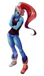 blue_body blue_skin boots bottomwear clothing denim denim_bottomwear denim_clothing ear_fins eye_patch eyewear female fin footwear hair hand_on_cheek jeans long_hair muscular muscular_female pants red_hair shirt shoes simple_background solo tank_top topwear white_background yellow_eyes azuumori undertale_(series) undyne animal_humanoid fish fish_humanoid humanoid marine marine_humanoid hi_res watermark