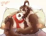 anthro bedding belly black_body black_fur blanket cuddling duo eyes_closed fur heart_symbol hug humanoid_hands male male/male moobs pillow scarf slightly_chubby white_body white_fur warlocknyan blizzard_entertainment warcraft bear mammal pandaren 2015 hi_res