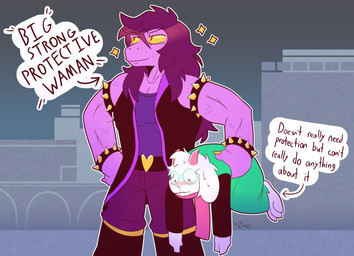 2_horns anthro biped blush bodily_fluids brown_eyes carrying_another clothed clothing confident detailed_background directional_arrow duo eyewear female floppy_ears flustered fur glasses hair holding_another horn larger_female long_hair male male/female muscular muscular_female purple_body purple_hair purple_scales scales scarf size_difference smaller_male snout sparkles sweat sweatdrop text wearing_glasses white_body white_fur yellow_sclera zixzs-redlight deltarune undertale_(series) ralsei susie_(deltarune) bovid caprine darkner goat mammal scalie 2022 digital_drawing_(artwork) digital_media_(artwork) english_text hi_res signature