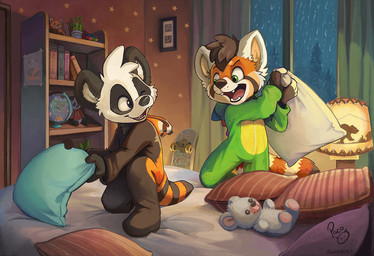 animal_onesie anthro black_body black_eyes black_fur brown_hair cheek_tuft closed_smile clothed clothing duo facial_markings facial_tuft fangs fur glistening glistening_eyes green_eyes hair happy head_markings inside logo male markings mouth_closed open_mouth open_smile orange_body orange_fur pillow_fight red_tongue short_hair smile teeth tongue tuft white_body white_fur young young_anthro young_male pandapaco parinton ailurid bear giant_panda mammal red_panda artist_logo signature