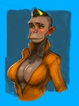 anthro breasts cleavage clothed clothing ear_piercing ear_ring eyebrow_piercing eyebrow_ring facial_piercing female jumpsuit piercing ring_piercing solo neurodyne yello ape chimpanzee haplorhine humanoid mammal pan_(genus) primate 2023 3:4