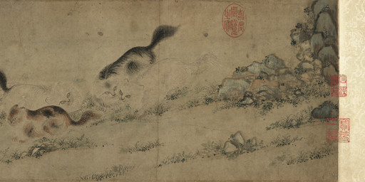 ambiguous_feral ambiguous_gender detailed_background eye_contact feral fur grass group large_group loaf looking_aside looking_at_another lying on_front outside paws plant playful quadruped rock tail whiskers tao_cheng ambient_arthropod ambient_butterfly ambient_insect domestic_cat felid feline felis mammal 15th_century absurd_res ancient_art hi_res long_image painting_(artwork) traditional_media_(artwork) traditional_painting_(artwork) wide_image