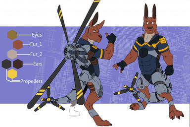 aircraft anthro black_clothing black_gloves black_handwear blue_uniform clothing cybernetics earpiece earpiece_microphone fingerless_gloves gloves handwear helicopter machine male solo vehicle leo_zeke skip_(kangaroo) cyborg model_sheet