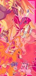 ambiguous_gender anthro armor beak evolutionary_family feathers feral flying group headgear helmet muscular pecs pink_body pink_feathers wings yellow_body yellow_feathers goobiswoobis bandai_namco digimon avian bird birdramon biyomon digimon_(species) garudamon hououmon hi_res