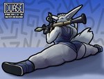 anthro big_butt blue_eyes bottomwear butt clothing female fingerless_gloves flexible footwear gesture gloves hand_gesture handwear holding_object holding_weapon ok_sign ranged_weapon rocket_launcher shirt shoes shorts sneakers solo splits spread_legs spreading tank_top text thick_thighs topwear weapon duase rasa_(duase) canid canine canis mammal wolf 2021 hi_res url