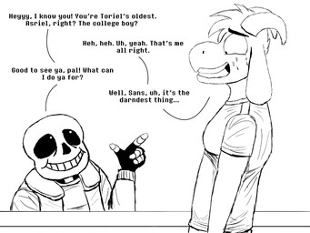 anthro bodily_fluids bone dialogue duo finger_gun gesture hand_gesture horn male nervous nervous_smile nervous_sweat pointing skeleton sweat text komododad deltarune undertale undertale_(series) asriel_dreemurr sans_(undertale) animated_skeleton boss_monster_(undertale) bovid caprine goat humanoid mammal undead 2025 4:3 black_and_white comic english_text hi_res monochrome