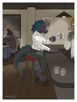 4_toes alcohol anthro bar barefoot beverage black_body black_clothing blue_eyes border bottomwear brown_body brown_clothing brown_footwear claws clothed clothing container counter cup digit_ring feet fingers flip_flops foot_fetish foot_focus footwear frill_(anatomy) fur furniture glass green_eyes grey_body grey_clothing group horn inside jewelry looking_at_viewer male pants paws plantigrade ring sandals scales shirt shoes sitting smile soles solo_focus stool tail toe_claws toe_ring toes topwear white_border white_clothing white_topwear edef patoso mythology emerson_(edef) canid canine canis dragon mammal mythological_creature mythological_scalie reptile scalie wolf 3:4 absurd_res hi_res