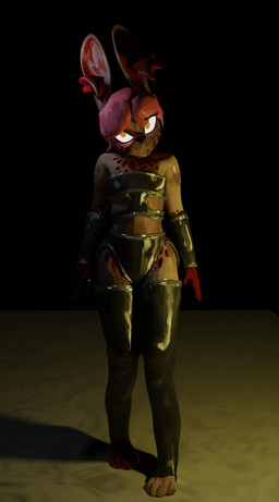 anthro armor black_clothing bracers clothing fur hair legwear looking_at_viewer male metal multicolored_body multicolored_fur pink_hair red_patterns solo standing tan_body tan_fur thigh_highs yellow_eyes just_dryvern lagomorph leporid mammal rabbit 3d_(artwork) blender_(artwork) blender_cycles_(artwork) digital_media_(artwork) hi_res