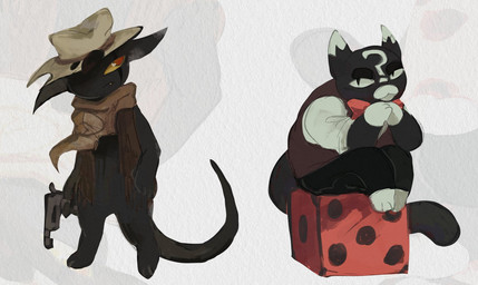 3_toes ambiguous_anthro ambiguous_gender anthro barefoot biped black_body black_bottomwear black_clothing black_ears black_eyes black_fur black_pants black_tail black_topwear black_vest bottomless bottomless_ambiguous bottomless_anthro bottomwear bow_tie clothed clothed_anthro clothing dice dipstick_ears duo ear_markings eye_scar facial_markings facial_scar featureless_crotch feet forehead_markings front_view fully_clothed fully_clothed_anthro fur gloves_(marking) gun handgun hat head_markings headgear headwear holding_gun holding_handgun holding_object holding_ranged_weapon holding_revolver holding_weapon kerchief leg_markings looking_at_viewer male male_anthro markings monotone_body monotone_fur monotone_tail multicolored_body multicolored_ears multicolored_fur muzzle_(marking) neckerchief neckwear pants pupils question_mark ranged_weapon red_bow_tie red_eyes revolver scar shirt sitting slit_pupils snaggle_tooth socks_(marking) standing tail toes topwear two_tone_body two_tone_ears two_tone_fur vest weapon white_body white_clothing white_ear_tips white_ears white_fur white_markings white_shirt white_topwear yellow_sclera schmingo mewgenics gambit_(mewgenics) zodiac_(mewgenics) domestic_cat felid feline felis mammal 2026 colored digital_media_(artwork) full-length_portrait hi_res portrait shaded male_(lore)