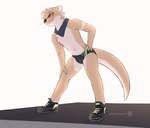 anthro blush bulge clothing eyewear femboy footwear glasses kerchief male shoes simple_background socks solo speedo standing stretching swimwear snowstormbat adrian_(snowstormbat) mammal mustelid otter alternate_version_at_source hi_res