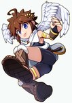 blep blue_eyes brown_hair clothing feathered_wings feathers feet footwear hair light_body light_skin looking_at_viewer male not_furry sandals shoes simple_background solo toes tongue tongue_out wings 317smbr kid_icarus nintendo pit_(kid_icarus) angel humanoid winged_humanoid hi_res signature