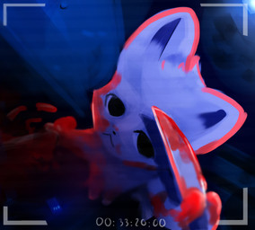ambiguous_gender anthro blood blood_on_face blood_on_hand blood_on_knife bodily_fluids camera_view fluffy fur holding_knife holding_object knife looking_at_viewer solo weapon white_body white_fur snoiifoxxo arctic_fox canid canine fox mammal true_fox hi_res