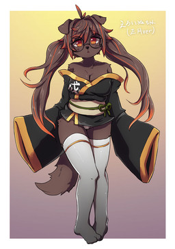 antenna_hair anthro arm_tuft asian_clothing bangs bare_shoulders biped black_clothing black_eyewear black_nose breasts brown_body brown_fur brown_hair brown_tail camel_toe cheek_tuft chest_tuft cleavage clothed clothing east_asian_clothing eyebrow_through_hair eyebrows eyewear facial_tuft female female_anthro floppy_ears fur glasses hair hair_between_eyes highlights_(coloring) hip_tuft japanese_clothing kemono kimono legwear long_hair long_sleeves looking_at_viewer medium_breasts monotone_body monotone_fur monotone_tail multi_breast multicolored_hair obi off_shoulder open_mouth orange_eyes orange_hair oversized_sleeves panties pigtails plantigrade round_glasses shoulder_tuft solo standing tail text thigh_highs translucent translucent_hair tuft two_tone_hair underwear white_clothing white_legwear white_panties white_underwear wide_sleeves hanadaiteol oinu-chan_(hanadaiteol) canid canine canis domestic_dog mammal 2019 digital_media_(artwork) full-length_portrait japanese_text portrait